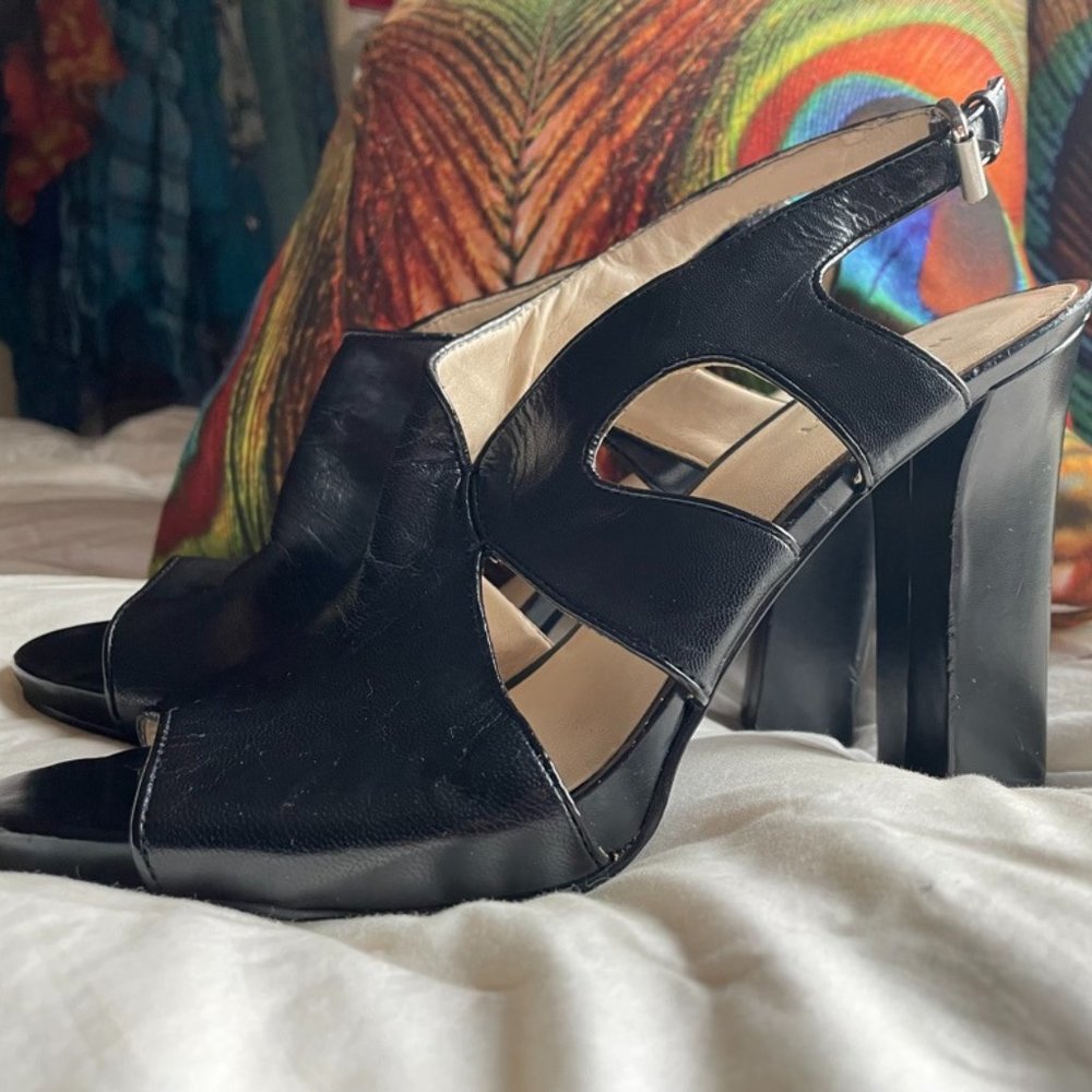 Nine West “Miss Priss” black leather sexy open-toed high heels